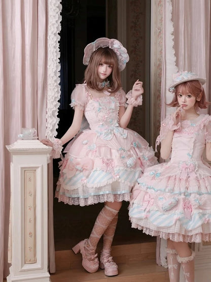 Pink & Blue Sheer Sleeves Tiered Sweet Lolita OP Dress with Bow and Candy Accents - Meng Fu Zi