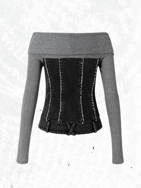 Top Strick Grau mit Einsätzen Off-Shoulder Denim Design Vintage Punk
