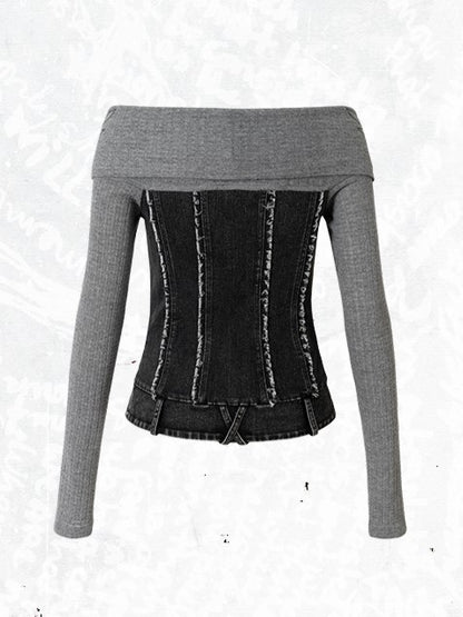 Top Strick Grau mit Einsätzen Off-Shoulder Denim Design Vintage Punk