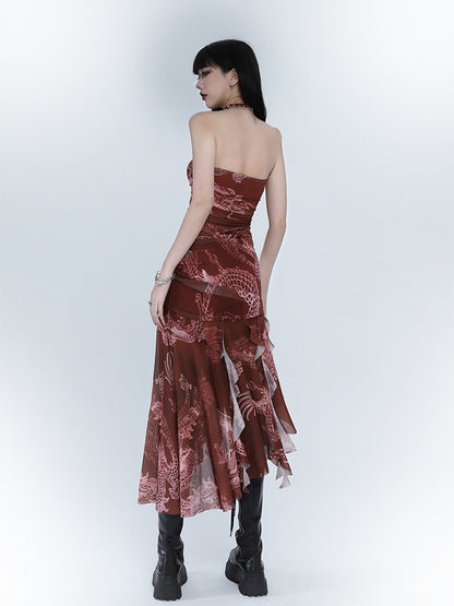 Red Dragon Print Asymmetrical Hem Slim-fitting Dress
