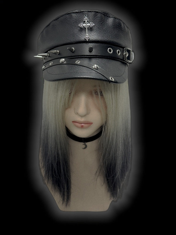 Y2K Schwarzes Kreuz Charm Schnallenriemen Nieten verziert Punk Baskenmütze