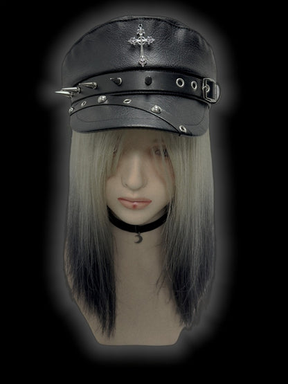Y2K Schwarzes Kreuz Charm Schnallenriemen Nieten verziert Punk Baskenmütze