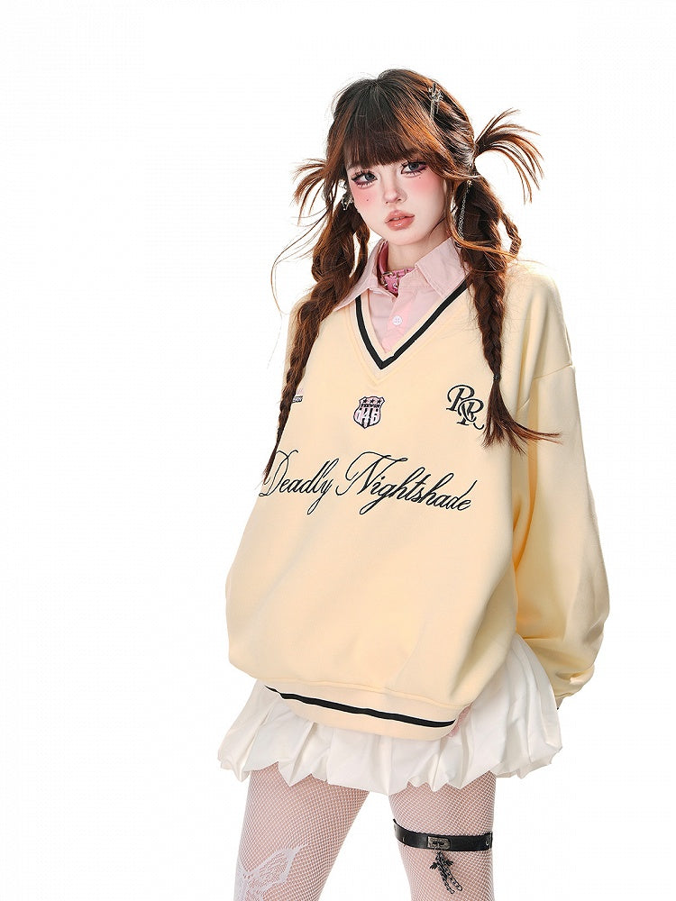 Aprikose/Pink Polokragen Buchstabenstickerei Frühlings-Sweatshirt Kunst-Zweiteiler