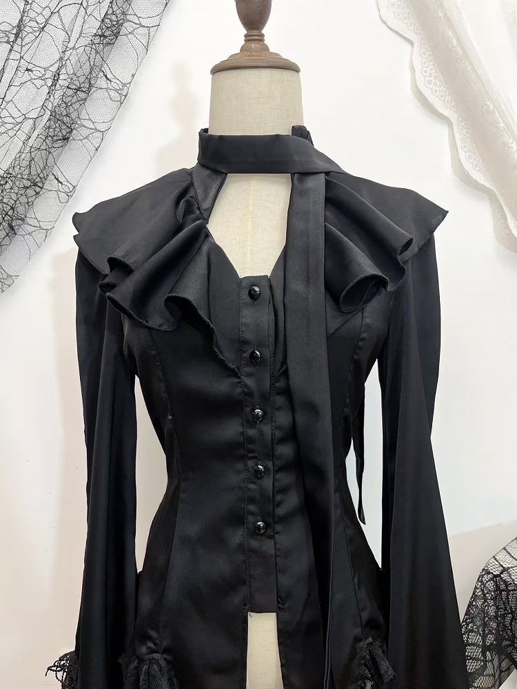 Sleeves Split-tail Shirt Lolita With Bell Black Ouji Gothic Lace Trim And
