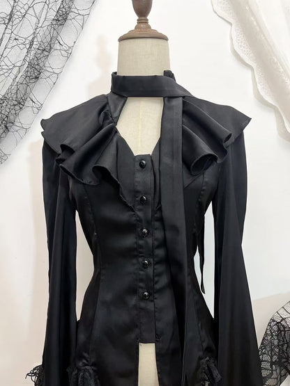 Sleeves Split-tail Shirt Lolita With Bell Black Ouji Gothic Lace Trim And