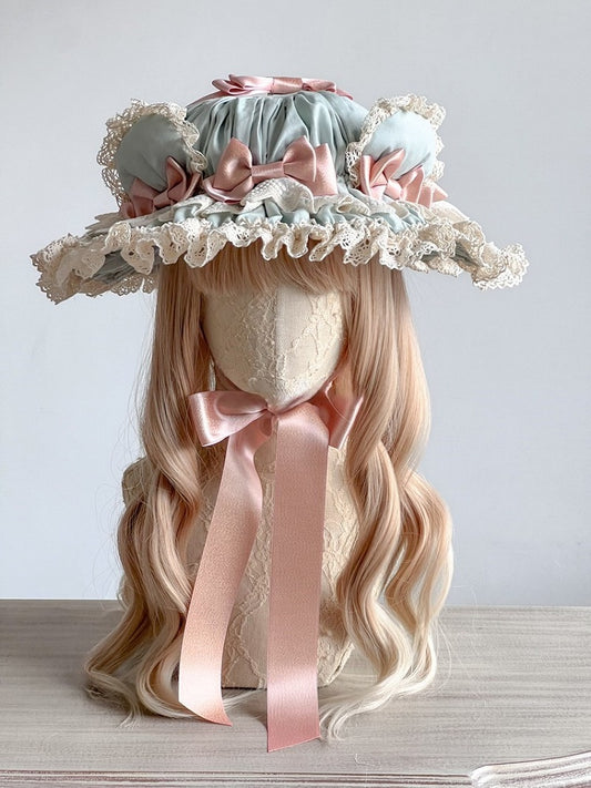 Pink Hat Bear Lolita Lace-Trimmed Green Ear Decorations Sweet with