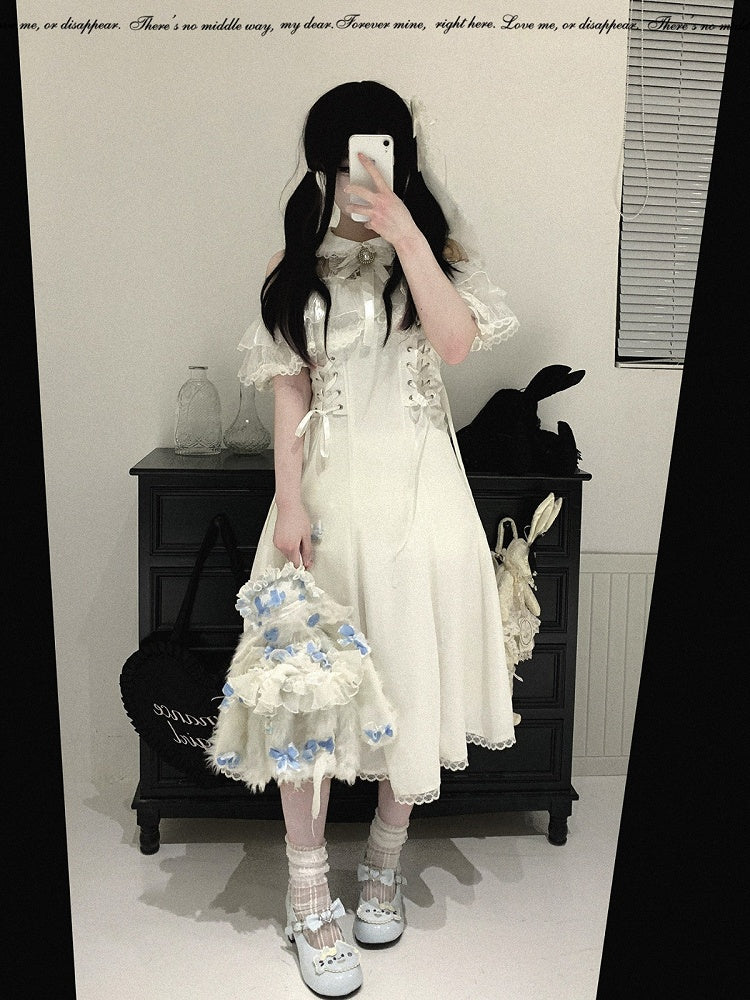 Off-Shoulder Jacquard Dress with Bow Accents, Peter Pan Collar, 4 Colorways - Kitty Bxllet