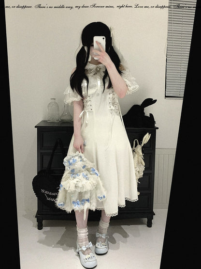 Off-Shoulder Jacquard Dress with Bow Accents, Peter Pan Collar, 4 Colorways - Kitty Bxllet