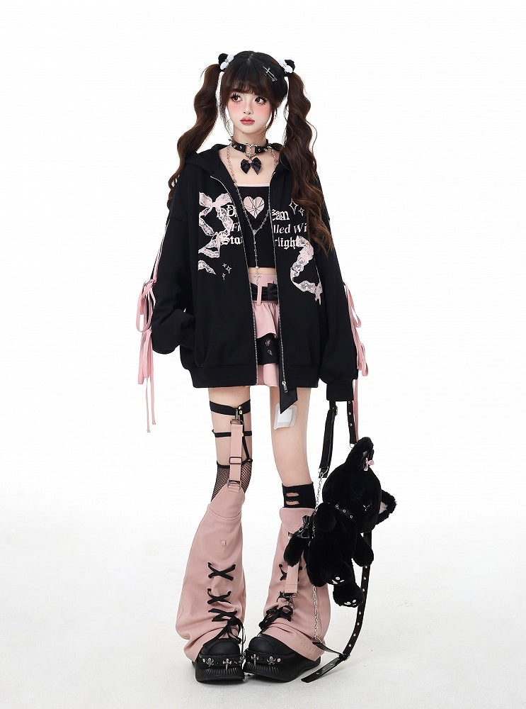 Black Lace Embellished Zip Closure Graphic Hoodie