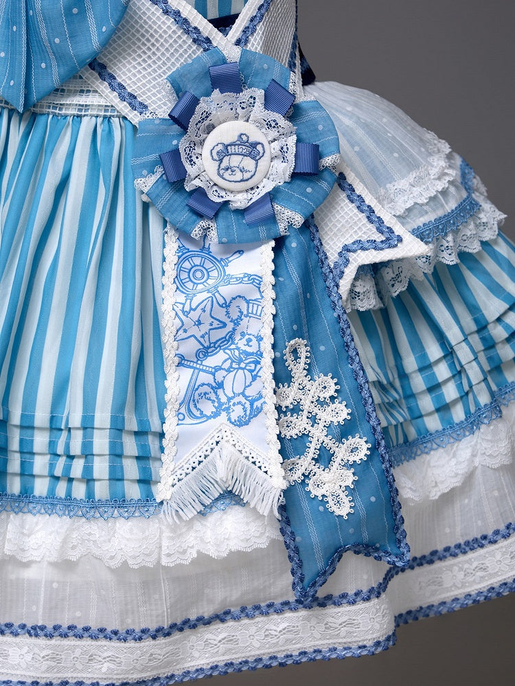 Light Blue Striped Low Waist Sailor Dress with Embroidery - Twin Bear Original Design