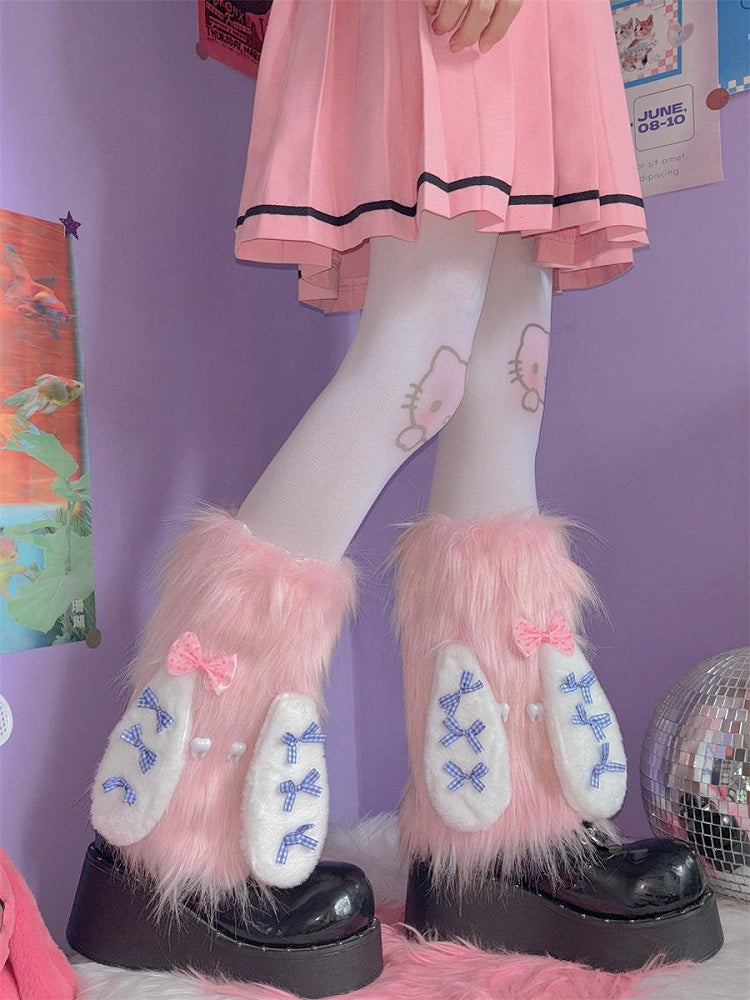 ピンク/ブルーのウサギの耳デザイン Y2K シャギーレッグウォーマー