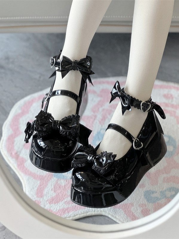 Round-Toe Platform Shoes PU Details with Black Sweet Snap Heart-Shaped Lolita Bowknot