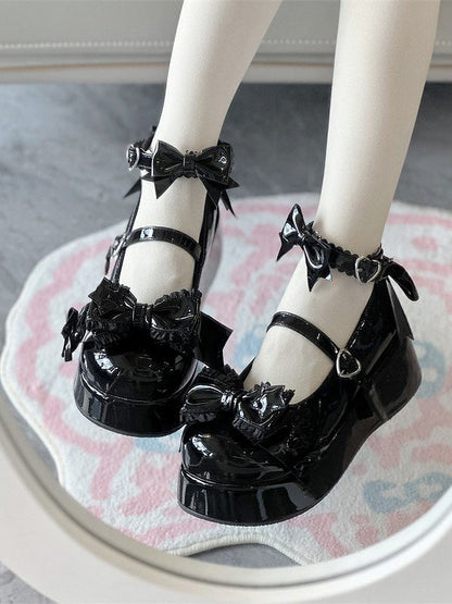 Round-Toe Platform Shoes PU Details with Black Sweet Snap Heart-Shaped Lolita Bowknot
