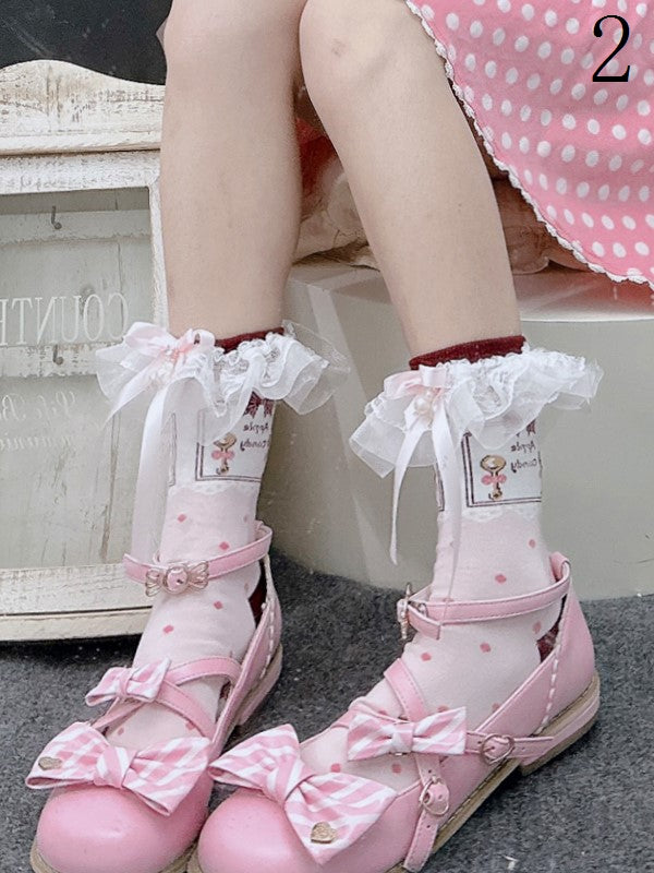 Lolita Calf Pink Bowknot Lace Pattern Details Cuffs Pearls Polka-dot Ruffled With Socks