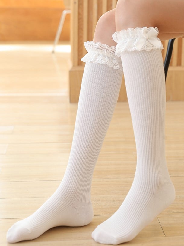 Calf Lolita Lace Details Cuff Black/White Socks Bowknot