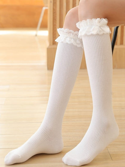 Calf Lolita Lace Details Cuff Black/White Socks Bowknot