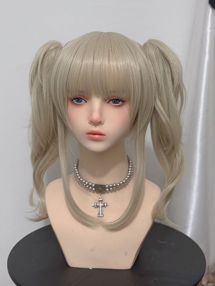Two Ponytails Clips Claw  With Wavy Blonde + Bangs Wigs
