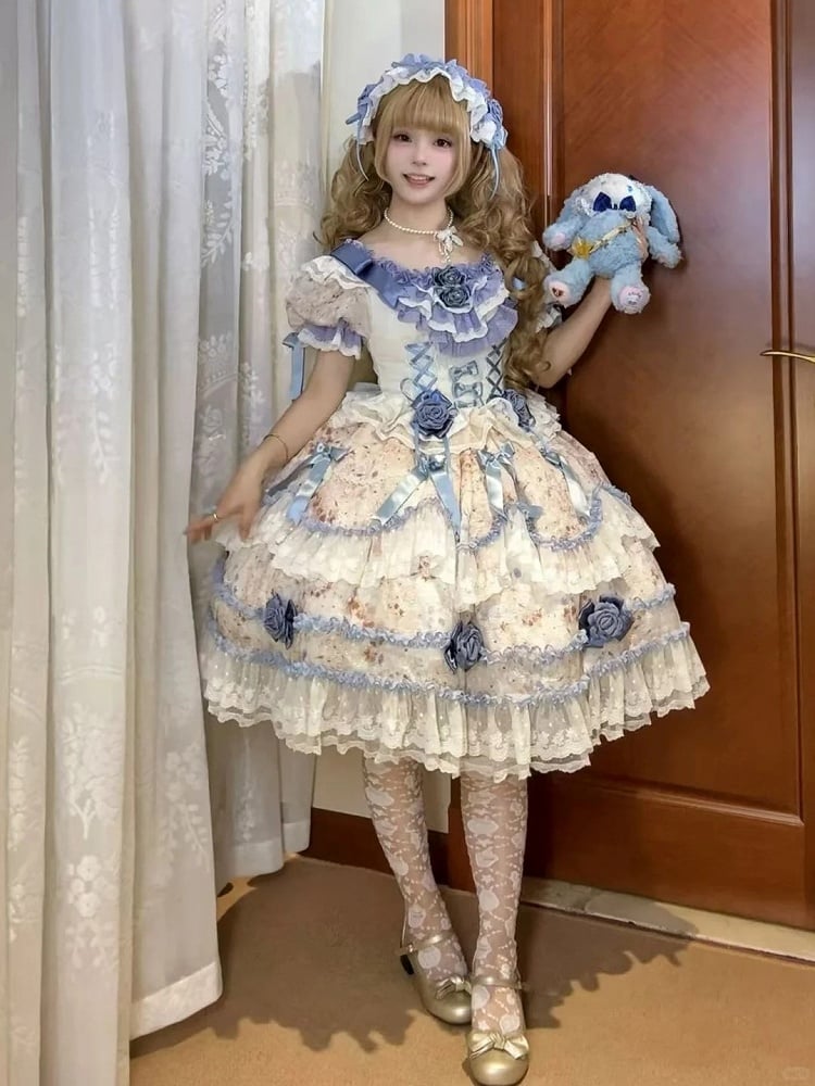 Puffy Rose Dress Hime with Lolita Accents Blue Multi-Layered Dark Ruffle