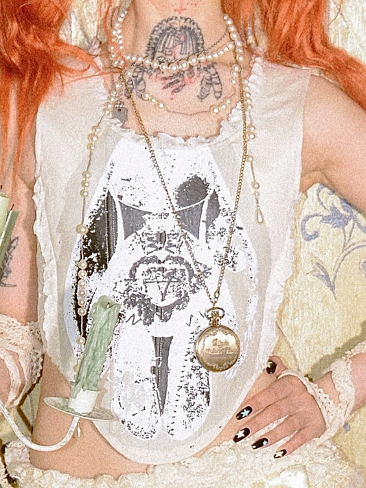 Punk Beige Tank Trim Print with Ruffled Graphic Lace Top