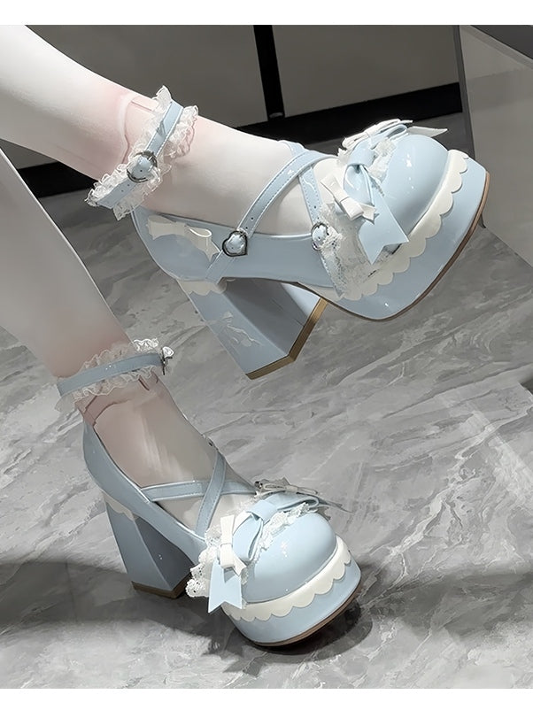 Mary Heel Blue Janes - High Sweet Platform Crisscross Block Lolita Design