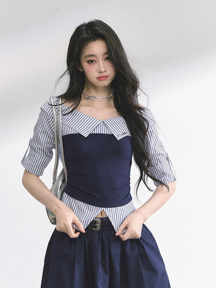 Blue Shirt Striped Foldover Collar Gray/Navy Neckline Off-the-shoulder