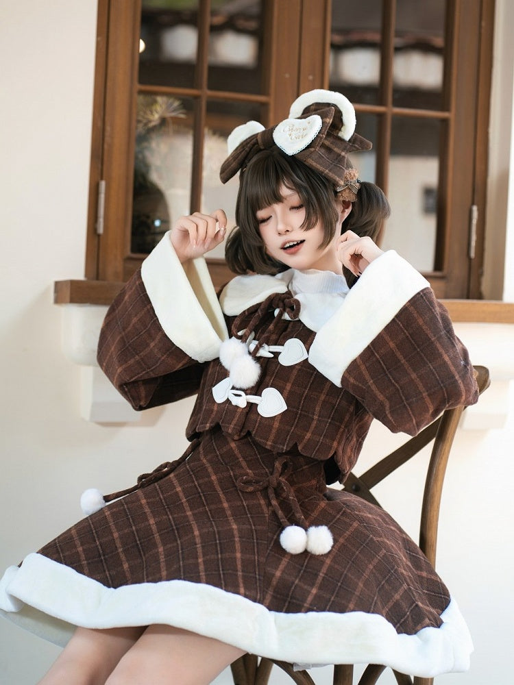 for Coat Lolita Dress Sweet and Paired Autumn with Winter Cherry Brown Embroidered Plaid