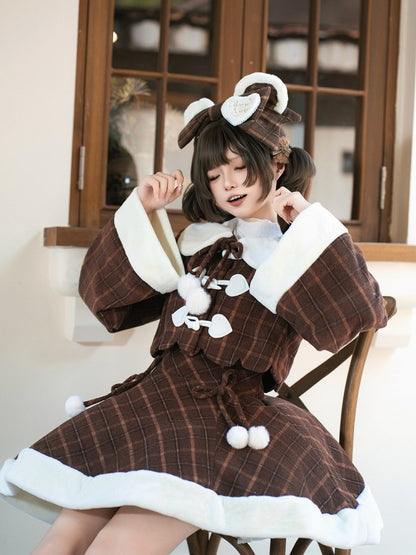 for Coat Lolita Dress Sweet and Paired Autumn with Winter Cherry Brown Embroidered Plaid