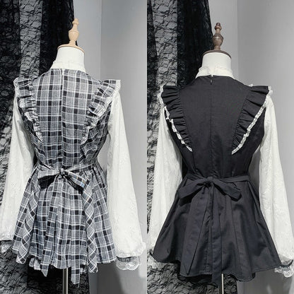 Plaid White/Gray Black Shorts Sleeves Set: with Long Illusion Neckline Top in Jirai Kei