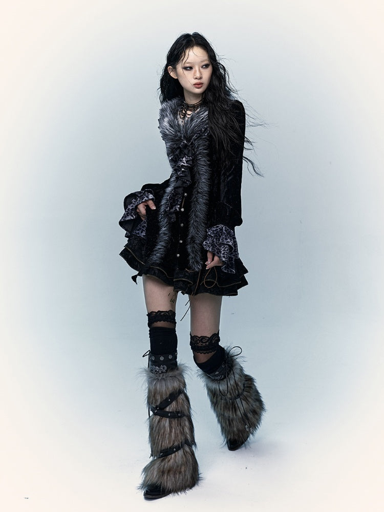 ブラック＆グレー スケルトン シャギー レッグウォーマー