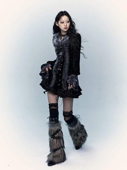 ブラック＆グレー スケルトン シャギー レッグウォーマー