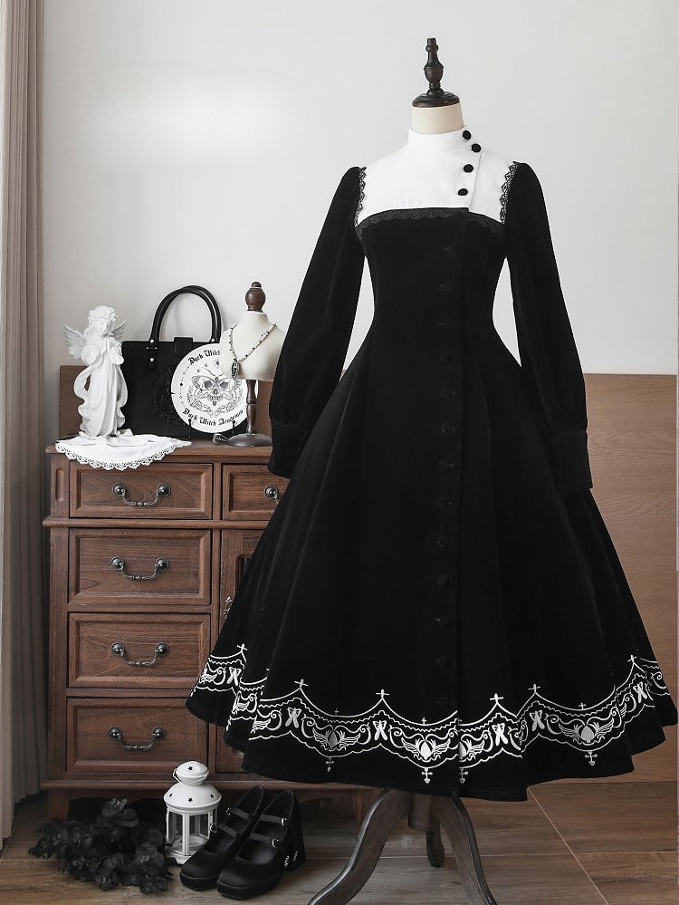 für Schwarzes Winter-Herbst-Details Nonne und Stickereiärmel Lolita-Samtkleid lang