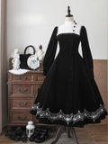 für Schwarzes Winter-Herbst-Details Nonne und Stickereiärmel Lolita-Samtkleid lang