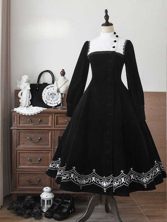 for Black Winter Autumn Details Nun and Embroidery Sleeves Lolita Velvet Dress Long