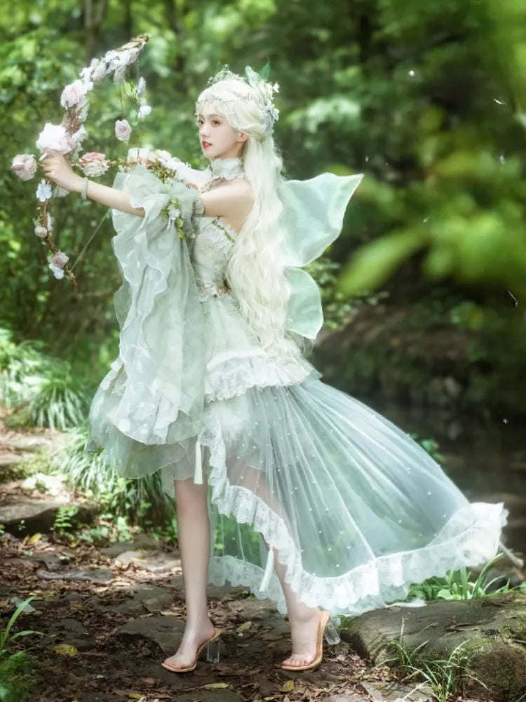 Set Decorated Princess Fairy Dress Flowers Lolita Butterfly JSK Light Full Green Forest