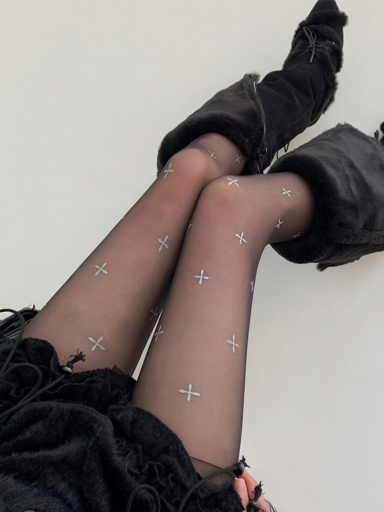 Black Sheer Cross Pattern Rhinestone Pantyhose