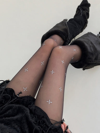 Black Sheer Cross Pattern Rhinestone Pantyhose