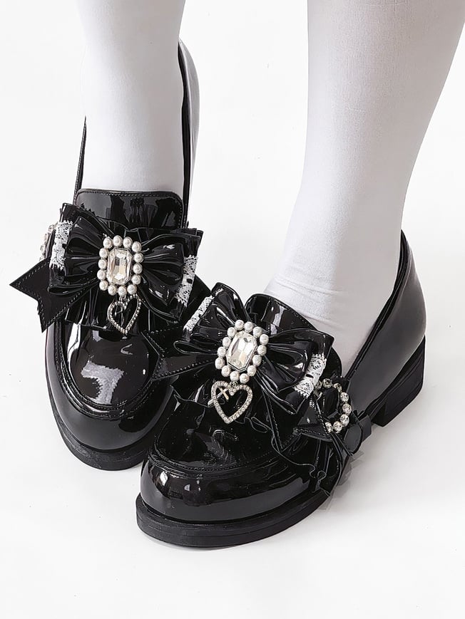 Jirai Detachable Polished Loafers Rhinestone - with Trim Design Black Slip-On Kei Beads And Decor Bow Ruffle