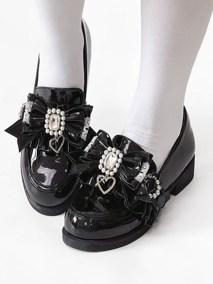 Jirai Detachable Polished Loafers Rhinestone - with Trim Design Black Slip-On Kei Beads And Decor Bow Ruffle
