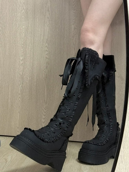 Thickened Knee-high Fleece Closure Boots Gothic Black Dual with Lining Platform System