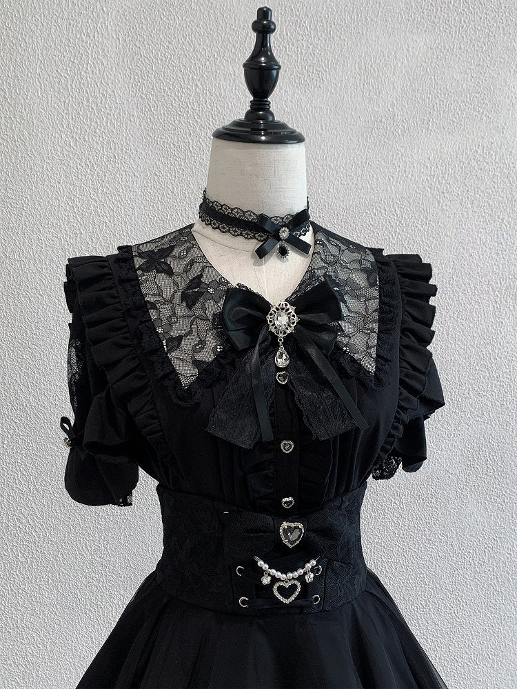 Jirai Kei Black Lace Cutout Shoulder Short Sleeve Blouse with Ruffle Details - Ekomi