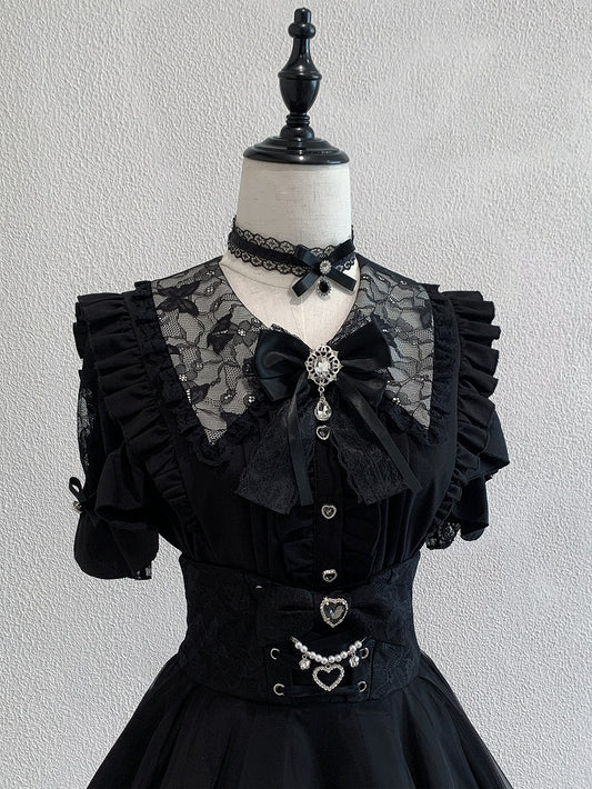 Jirai Kei Black Lace Cutout Shoulder Short Sleeve Blouse with Ruffle Details - Ekomi