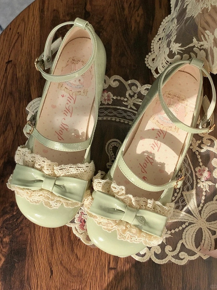 Lace Shoes Low Mary Jane PU Green - with Lolita Heel Leather Detail