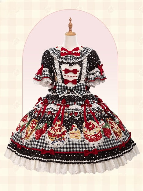 Lolita Dress Sleeves Print White with Strawberry Sweet Cake Puff Ruffle Black Hem