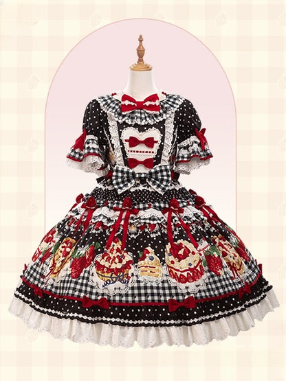 Lolita Dress Sleeves Print White with Strawberry Sweet Cake Puff Ruffle Black Hem