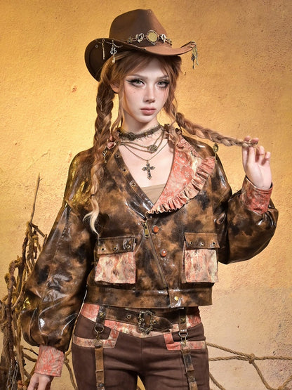 Collar Lace Orange Brown Millard 3D PU Asymmetrical with Steampunk Pockets Jacket