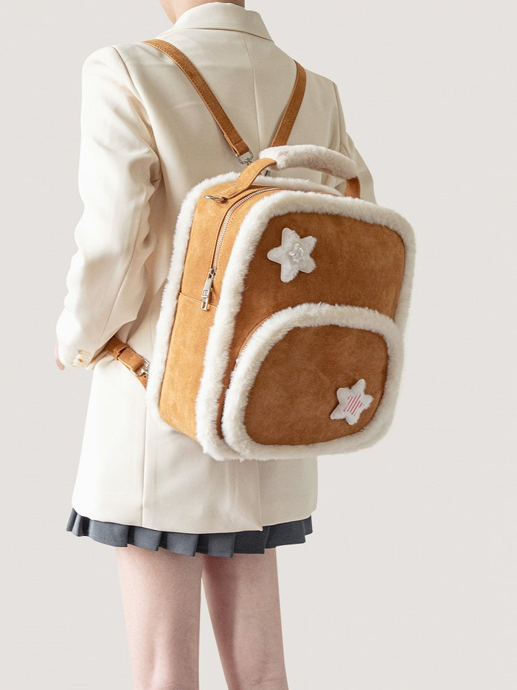 Warmy Large-Sized Brown Backpack With Plush Trim Style In Kawaii