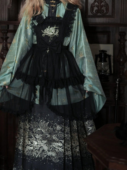 Black Gothic Lace-Trim Overlay with Floral Embroidery & Slit - San Sheng Du