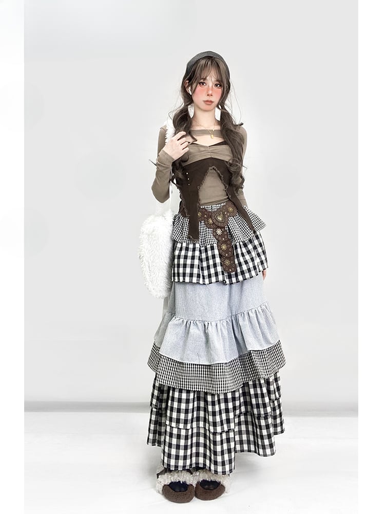 Y2K ブラック＆ホワイト チェック柄 アンクル丈 ティアードスカート