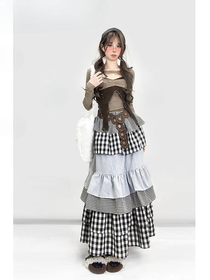 Y2K ブラック＆ホワイト チェック柄 アンクル丈 ティアードスカート