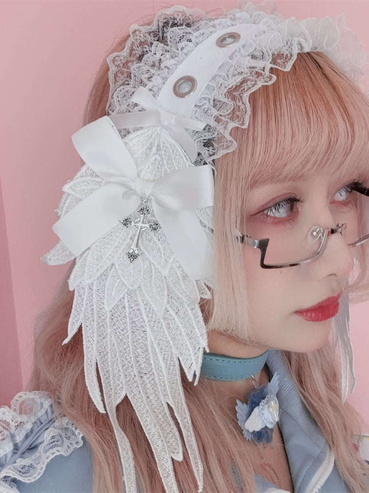 Black and White Cross Wing Lace Trim Gothic Lolita Hairband